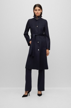 Abrigos Hugo Boss Belted In Virgin Lana And Cashmere Mujer Azules Oscuro | 87396-XFAQ