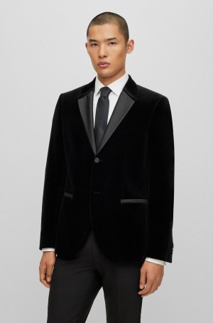 Blazers Hugo Boss Slim-fit In Algodon Velvet With Contrast Trims Hombre Negros | 82975-HDCE