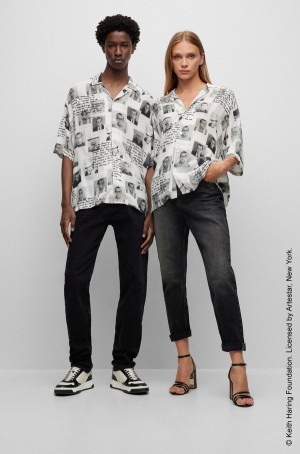 Blusa Hugo Boss Keith Haring Gender-neutral Oversized-fit In Lona Mujer Blancos | 81496-WFOR