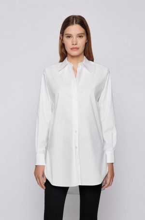 Blusa Hugo Boss Long-length Relaxed-fit In Organic Algodon Mujer Blancos | 19508-TPUM