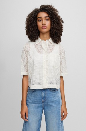 Blusa Hugo Boss Regular-fit Cropped With Frill-trim Placket Mujer Blancos | 23479-NUDP