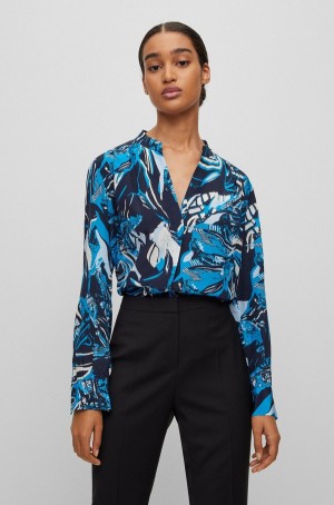 Blusa Hugo Boss Regular-fit In Floral-print Silk Mujer Azules | 13058-BORV