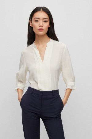 Blusa Hugo Boss Regular-fit In Pure Silk With Pleat Front Mujer Blancos | 04317-ZBAS