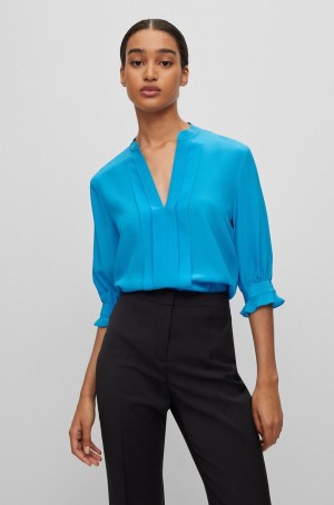 Blusa Hugo Boss Regular-fit In Pure Silk With Pleat Front Mujer Azules | 86241-RTUX