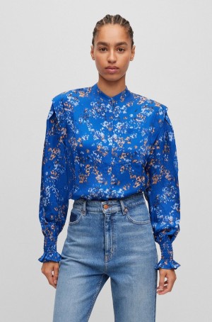 Blusa Hugo Boss Regular-fit In Seasonal Print With Concealed Closure Mujer Azules | 09183-JPEF