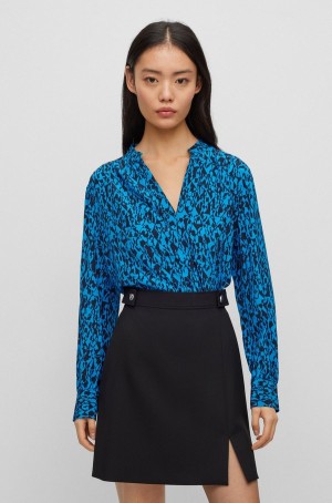 Blusa Hugo Boss Regular-fit In Silk With Seasonal Print Mujer Azules | 28670-PYQJ