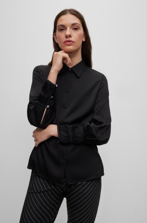Blusa Hugo Boss Regular-fit In Stretch-silk Crepe De Chine Mujer Negros | 17630-QWJH