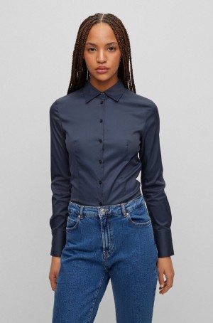 Blusa Hugo Boss Slim-fit In Easy-iron Poplin Mujer Azules Oscuro | 72031-YKGW