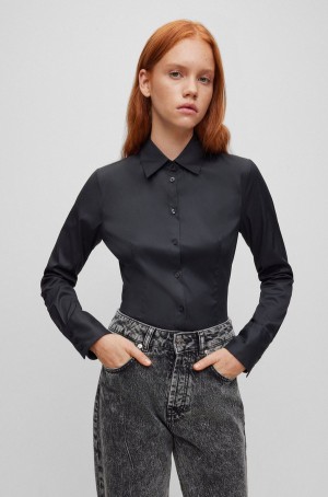 Blusa Hugo Boss Slim-fit In Easy-iron Poplin Mujer Negros | 72094-EQXP
