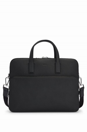Bolsas Hugo Boss Document Case In Italian Cuero With Embossed Logo Hombre Negros | 12583-MIUA