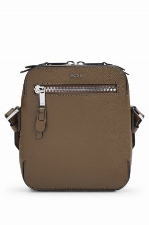Bolsas Hugo Boss Grained-leather Reporter With Zipped Front Pocket Hombre Marrom | 42593-DXTZ