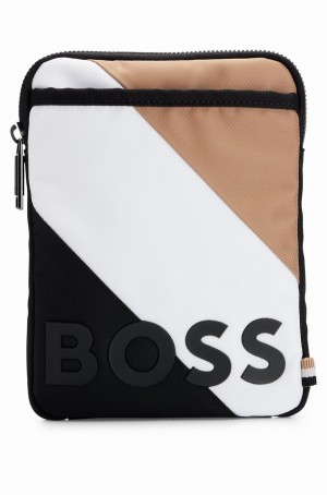 Bolsas Hugo Boss Neck Pouch With Logo And Signature Stripe Hombre Negros Blancos Beige | 15768-WOGX