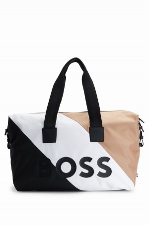 Bolsas Hugo Boss Recycled-fabric Holdall With Signature Stripe And Logo Hombre Negros Blancos Beige | 92563-XPKR
