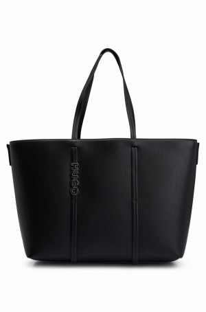 Bolsas Hugo Boss Shopper In Faux Cuero With Polished Logo Lettering Mujer Negros | 81452-WURF