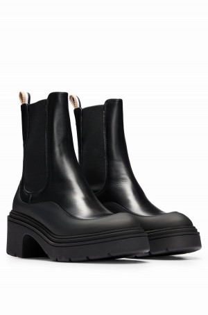 Botas Hugo Boss Chelsea In Smooth Cuero With Fornido Sole Mujer Negros | 42306-NRTC