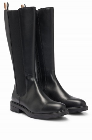 Botas Hugo Boss Cuero Knee With Low Heel And Branded Trim Mujer Negros | 73109-CVSB