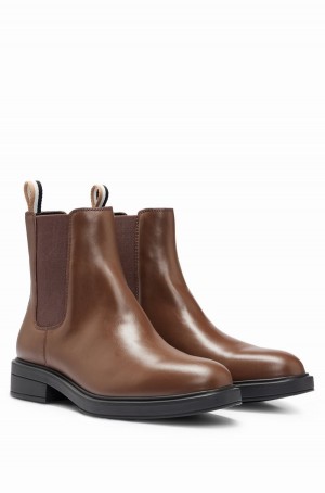 Botas Hugo Boss Cuero With Branded Trim And Signature Stripe Mujer Marrom | 49581-NWGM