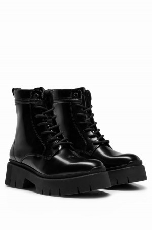 Botas Hugo Boss Encaje-up Cuero With Branded Collar Trim Mujer Negros | 12309-MZGL