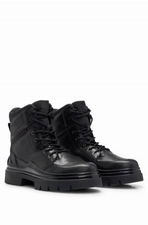 Botas Hugo Boss Fornido Cuero With Logo Details Hombre Negros | 96387-WYHT