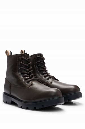 Botas Hugo Boss Grained Cuero With Signature-stripe Tape Hombre Marrom Oscuro | 85204-GYKD