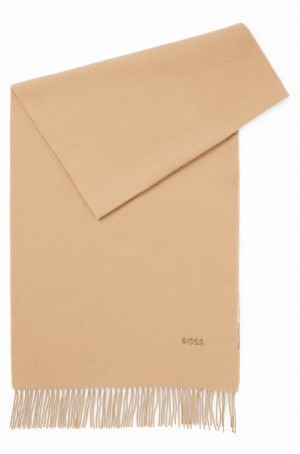 Bufandas Hugo Boss Pure-wool With Embroidered Logo And Fringing Mujer Beige | 70584-AWDY