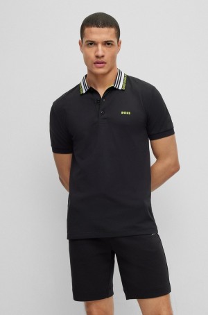 Camisa Polo Hugo Boss Algodon-blend Slim-fit With Logo Collar Hombre Negros | 93861-GTPE