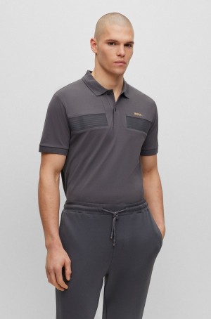 Camisa Polo Hugo Boss Algodon-blend Slim-fit With A Rayas Tape Hombre Grises Oscuro | 97130-JSXL
