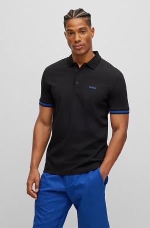 Camisa Polo Hugo Boss Algodon-jersey With Jacquard Collar Hombre Negros | 43672-VFMI