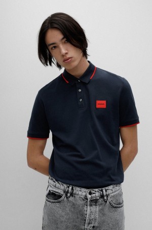 Camisa Polo Hugo Boss Algodon-piqué Slim-fit With Red Logo Label Hombre Azules Oscuro | 28695-EVCA