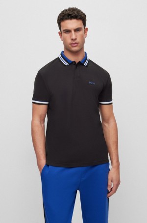 Camisa Polo Hugo Boss Algodon-piqué With Acanalado A Rayas Trims Hombre Negros | 26809-MXIS