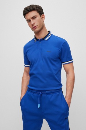 Camisa Polo Hugo Boss Algodon-piqué With Acanalado A Rayas Trims Hombre Azules | 25189-OHKD