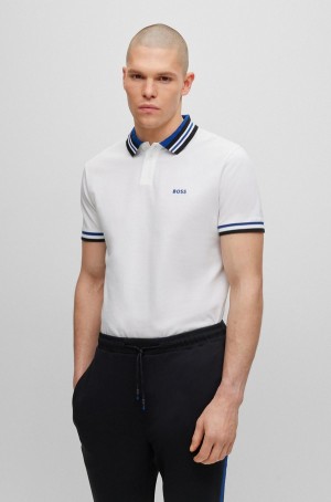 Camisa Polo Hugo Boss Algodon-piqué With Acanalado A Rayas Trims Hombre Blancos | 96412-DTEP