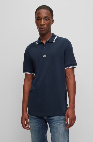 Camisa Polo Hugo Boss Algodon-piqué With Contrast Logo And Tipping Hombre Azules Oscuro | 78153-VEIU