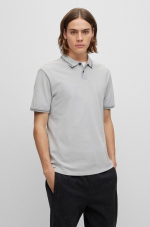Camisa Polo Hugo Boss Algodon-piqué With Contrast Details Hombre Grises Claro | 97601-PTWJ