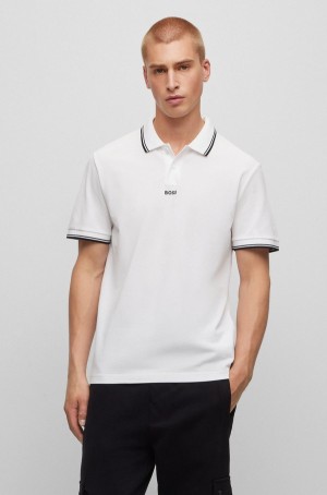 Camisa Polo Hugo Boss Algodon-piqué With Contrast Logo And Tipping Hombre Blancos | 36105-CQOF