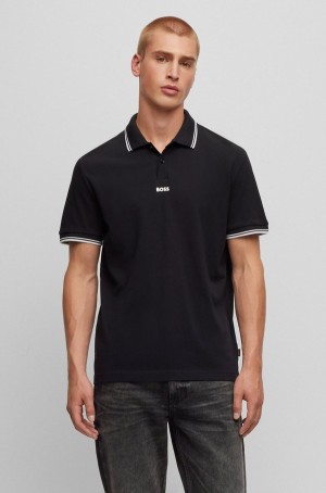 Camisa Polo Hugo Boss Algodon-piqué With Contrast Logo And Tipping Hombre Negros | 06985-UNHV