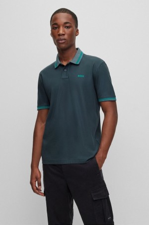 Camisa Polo Hugo Boss Algodon-piqué With Logo Print Hombre Azules Oscuro | 18047-YDFS