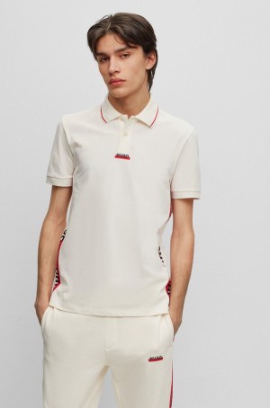 Camisa Polo Hugo Boss Algodon-piqué With Stripes And Logos Hombre Blancos | 38145-RWMS