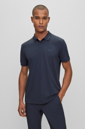 Camisa Polo Hugo Boss Algodon-piqué With Tonal Logo Hombre Azules Oscuro | 37685-CKNM