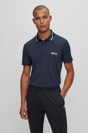 Camisa Polo Hugo Boss Contrast-logo With Collar Stripe Hombre Azules Oscuro | 28405-MPJD