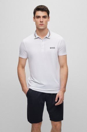Camisa Polo Hugo Boss Contrast-logo With Collar Stripe Hombre Blancos | 98450-OUTI