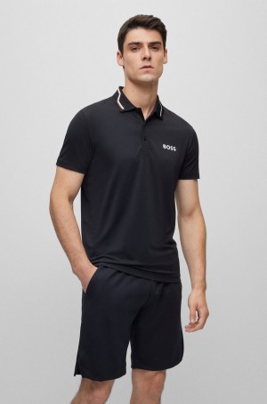 Camisa Polo Hugo Boss Contrast-logo With Collar Stripe Hombre Negros | 41832-CJMN