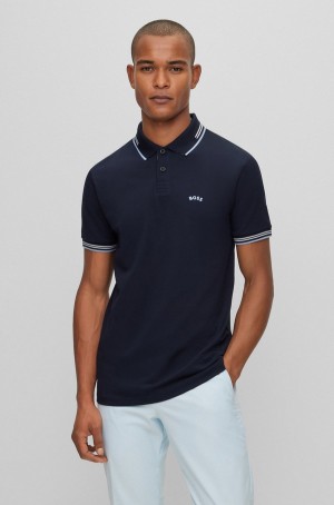 Camisa Polo Hugo Boss Curved-logo Slim-fit In Stretch-cotton Piqué Hombre Azules Oscuro | 87460-RHYP