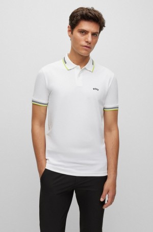 Camisa Polo Hugo Boss Curved-logo Slim-fit In Stretch-cotton Piqué Hombre Blancos | 85167-FTPC