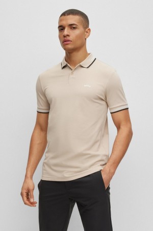 Camisa Polo Hugo Boss Curved-logo Slim-fit In Stretch-cotton Piqué Hombre Beige | 31098-SDHO