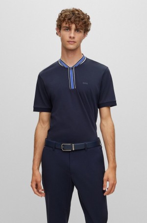 Camisa Polo Hugo Boss Interlock-cotton Henley With A Rayas Details Hombre Azules Oscuro | 13528-NZYF