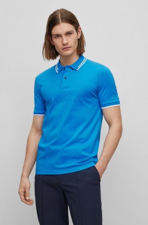 Camisa Polo Hugo Boss Interlock-cotton Slim-fit With Jacquard Stripes Hombre Azules | 07385-ZAJT