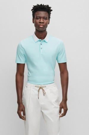 Camisa Polo Hugo Boss Interlock-cotton With A Rayas Details Hombre Azules Claro | 81243-ZCTB