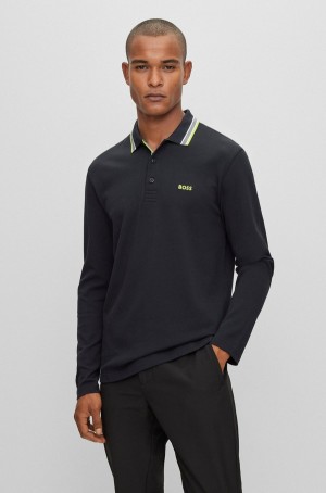 Camisa Polo Hugo Boss Long-sleeved Algodon-piqué With Contrast Logo Hombre Negros | 06538-USAW