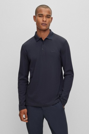Camisa Polo Hugo Boss Long-sleeved Algodon-piqué With Contrast Logo Hombre Azules Oscuro | 96043-XHWF